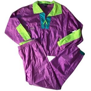 Vintage Columbia Windbreaker Set XL Track Suit Pants & Jacket 90's Neon VTG EUC